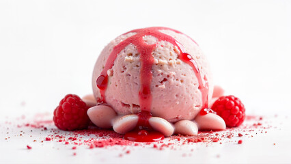 Isolated scoop of pink raspberry ice cream with red syrup, surrounded by fresh raspberries and white candy on a white background. Suitable for food advertising, dessert menus, and sweet treat