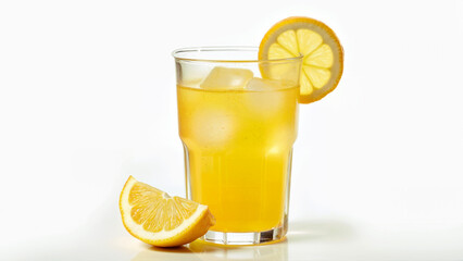 A clear glass filled with sweet lemon juice and ice cubes, isolated on a white background. Suitable for illustrating refreshing summer drinks and beverage concepts.