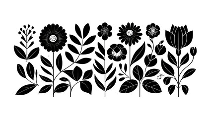 Stylish Black and White Floral Design Element: Modern Botanical Illustration, Monochrome Flower and Leaf Silhouette Collection.