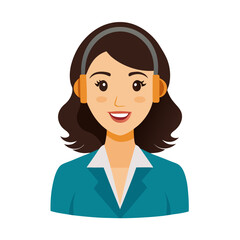 Happy female contact center agent wearing microphone headset against simple white isolated backdrop