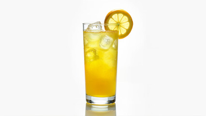 A clear glass filled with sweet lemon juice and ice cubes, isolated on a white background. The image is suitable for illustrating cold beverages and summer drinks.