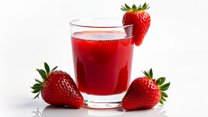 A clear glass filled with red strawberry juice is surrounded by three whole strawberries, isolated on a white background. The image is suitable for illustrating fruit beverages, healthy drinks, or