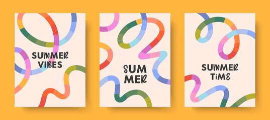Summer vector illustrations with bright rainbow lines.Abstract backgrounds with multicolored dynamic shapes.Summer artistic banners in simple style.Templates for prints;banners;covers;branding;fashion