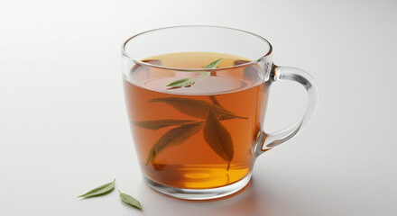 A comforting cup of herbal tea, gently steeping with fresh leaves, offering warmth and tranquility in soft, natural light.