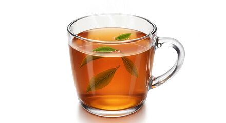 A steaming cup of fragrant tea, inviting warmth and tranquility, with delicate tea leaves floating in amber liquid, captured in crisp detail against a bright white background.