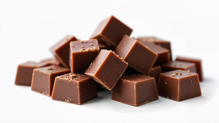 A pile of sweet milk chocolate chunks isolated on a white background. Suitable for food packaging, advertising, or dessert concepts.