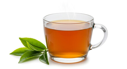 A steaming cup of freshly brewed tea, inviting warmth and tranquility, accompanied by vibrant green tea leaves in a clear glass mug on a bright white background.
