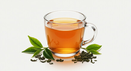 A warm cup of tea, inviting and comforting, with loose tea leaves scattered around, a sprig of fresh green tea leaves adds to the natural beauty, on a clean white background.