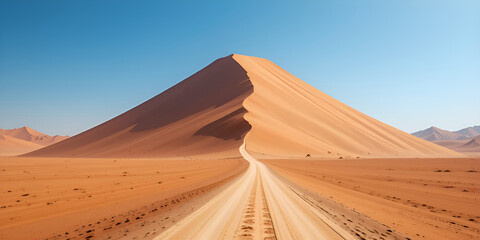 A winding dirt road leads towards a towering sand dune under a clear blue desert sky creating a dramatic landscape