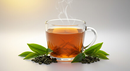 A steaming cup of tea, inviting warmth and tranquility, showcasing loose tea leaves and gentle light.