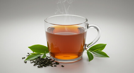 A steaming cup of comforting black tea, a moment of warmth and tranquility, with loose tea leaves and fresh green sprigs beside it on a clean white surface.