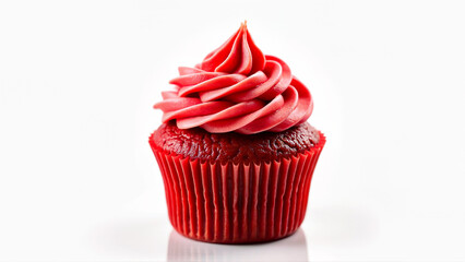 A single red cupcake with swirled red frosting is isolated on a white background. The image is suitable for bakery, dessert, or celebration themes.