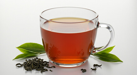 A warm cup of comforting black tea, ready for a peaceful moment of relaxation, displayed with fresh tea leaves and a clear glass mug against a bright white background.