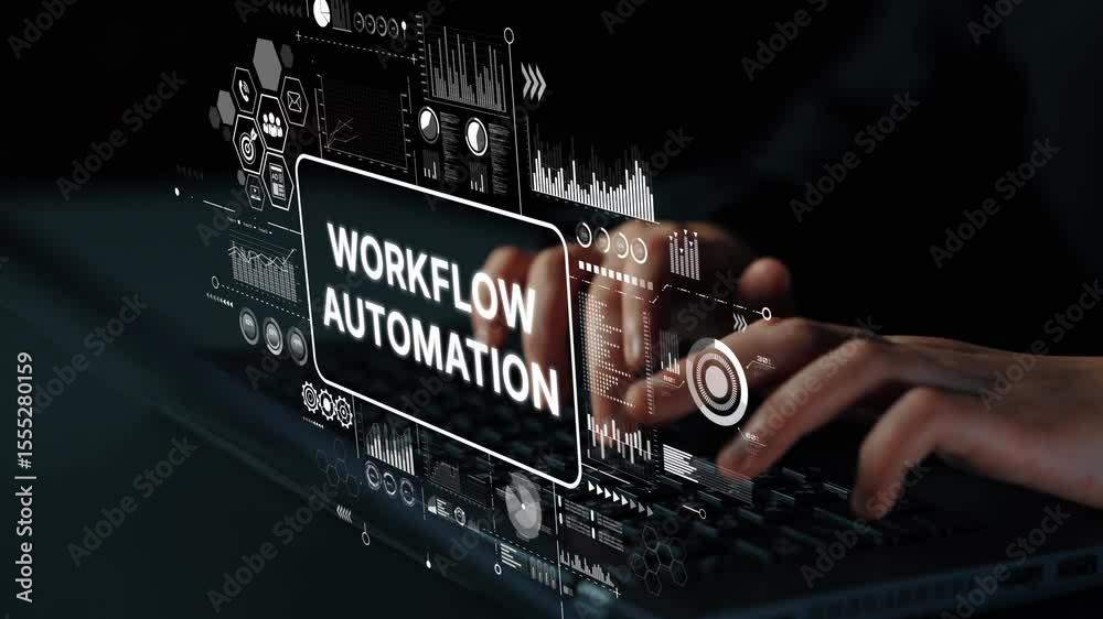 Poster close-up of hands typing on laptop with digital workflow automation graphic overlay. asymptotic smar