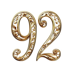 Ornate Golden Number 92 Isolated on Transparent Background in Elegant Floral Design