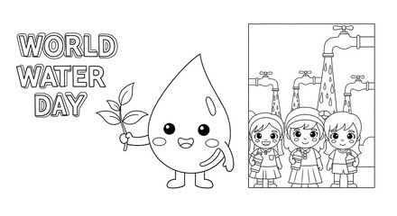 World water day illustration with a happy water drop character and children isolated on transparent background