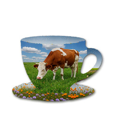 Creative Cutout: Cow Grazing in a Floral Field Inside a Mug
