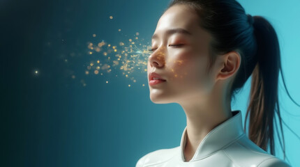 futuristic portrait of a woman in rays of light