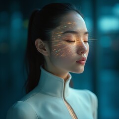 futuristic portrait of a woman in rays of light