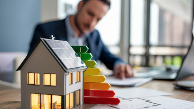 Real estate agent presenting house model with energy efficiency rating chart. Sustainable housing, energy awareness and housing investment.
