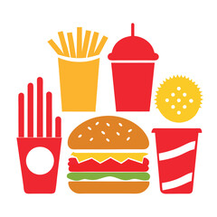 Assorted Fast Food Elements: Hamburger, Fries, and Drinks Flat Colorful Vector Set isolated on white background
