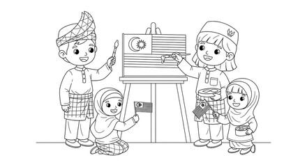 Children in traditional malaysian attire painting the national flag isolated on transparent background