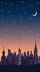 Night City Skyline with Stars and Crescent Moon