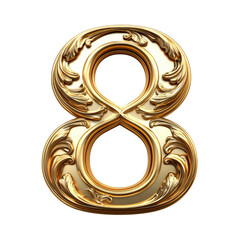 Ornate Golden Number Eight Isolated On Transparent Background Displaying Baroque Style Floral Design