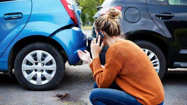 Woman making emergency call after minor car accident on suburban street. Emergency response, car accident aftermath.