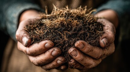 Farmer holds a burlap sack filled with dried herbs in his dirty hands on a farm in the countryside