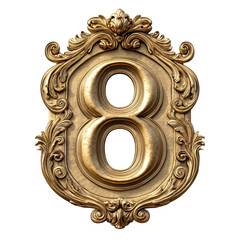 Ornate Golden Number Eight Within Decorative Rococo Frame on Transparent Background