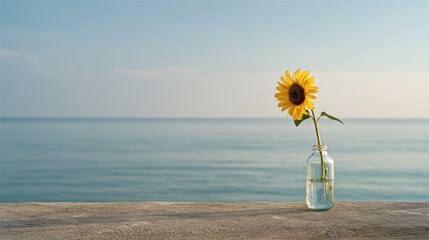 Minimalist Sunflower in Glass Vase by the Sea Under Soft Morning Light
