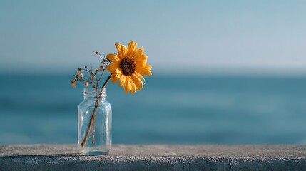Minimalist Sunflower in Glass Vase by the Sea Under Soft Morning Light