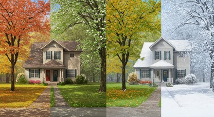 House in Four Seasons – Spring, Summer, Autumn, Winter Concept