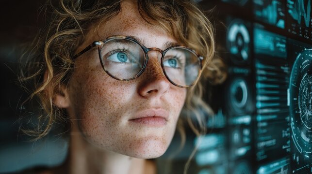 Woman with red hair and freckles analyzes data on computer screens at night in office environment