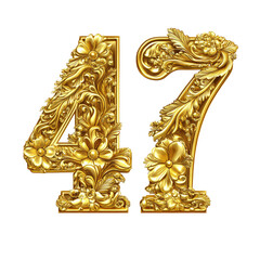 Ornate Golden Number Forty Seven with Floral Decorative Details Isolated on Transparent Background