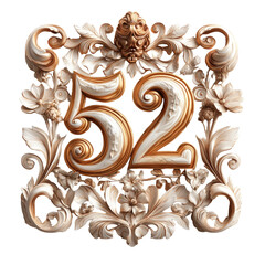 Ornate Golden Number Fifty-Two With Baroque Floral Frame Against Transparent Backdrop