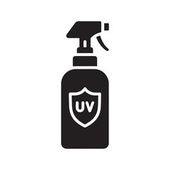 UV protection spray icon with a bottle and a shield symbol for applying sunscreen mist for easy and effective sunblock coverage vector solid glyph icon