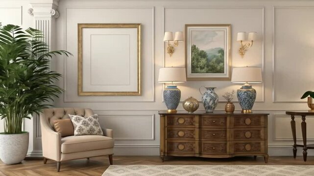 Elegant living room interior design with furniture lamps and art decor for home staging ideas