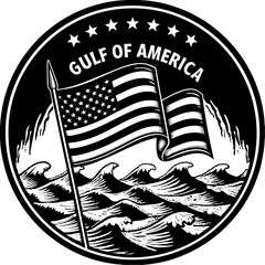 Gulf of America Circular Emblem with Waving US Flag and Ocean Waves