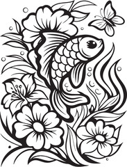 A beautiful fish In the middle of the flower garden, transparent background printable design