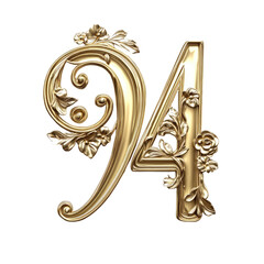 Ornate Golden Number Ninety Four With Floral Design on Transparent Background