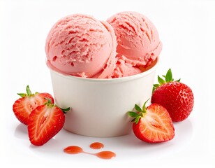 strawberry ice cream in paper cup white background