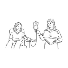 Woman donating blood while medical staff supervises, heart symbol present, Vector Illustration