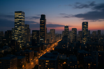Obraz premium A panoramic cityscape at dusk showing a vibrant urban skyline with high-rise buildings lit from within. The golden hour glow illuminates the sky as streetlights and traffic trails create a dynamic atm