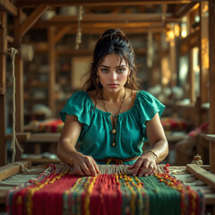 Skilled Artisan Weaving Vibrant Textile on Traditional Loom