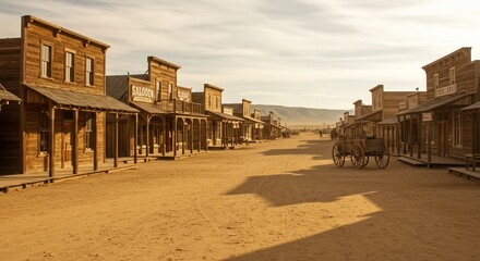 Deserted Old West Town at Dawn with Wagon and Long Shadows