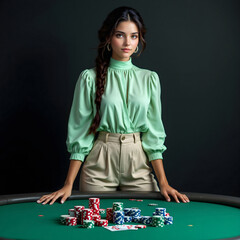 Woman Playing Poker with Stacked Chips on a Green Table