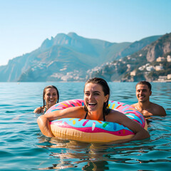 A happy group of three young adult friends, two females and one male, enjoy swimming in clear blue ocean water with a beautiful mountainous coastline behind them