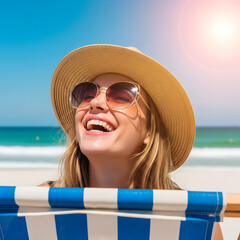 A young adult woman, appearing very happy, smiles broadly while wearing a straw hat and sunglasses, enjoying the sun at the beach